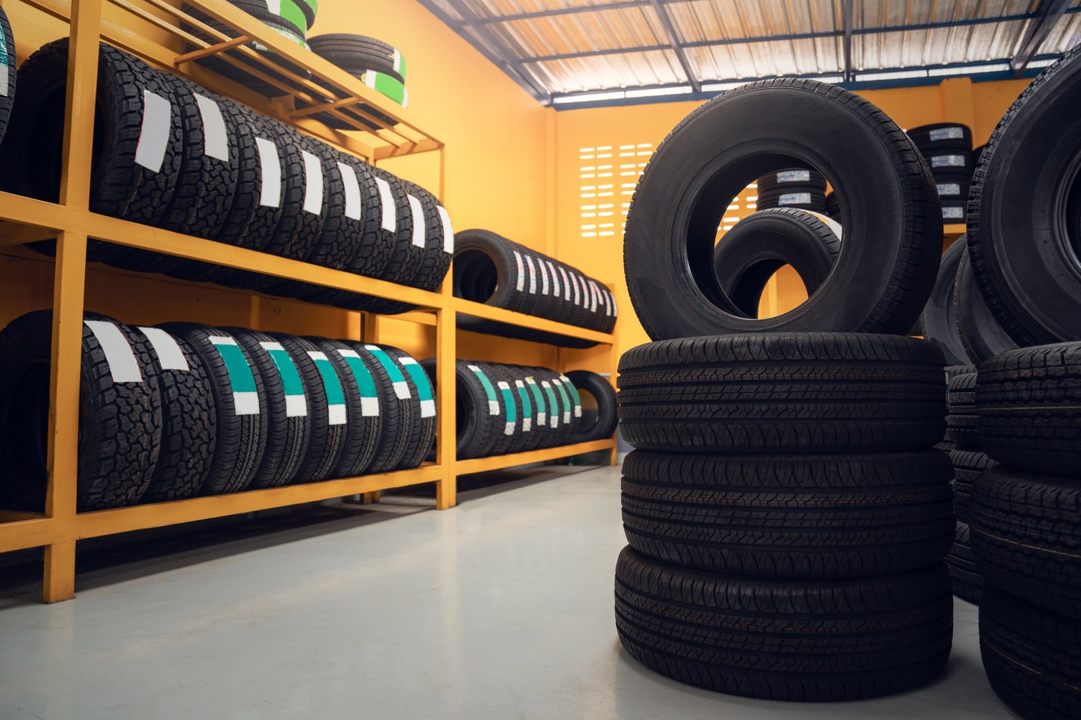 Large warehouse of car tires, rack with customer car tires i